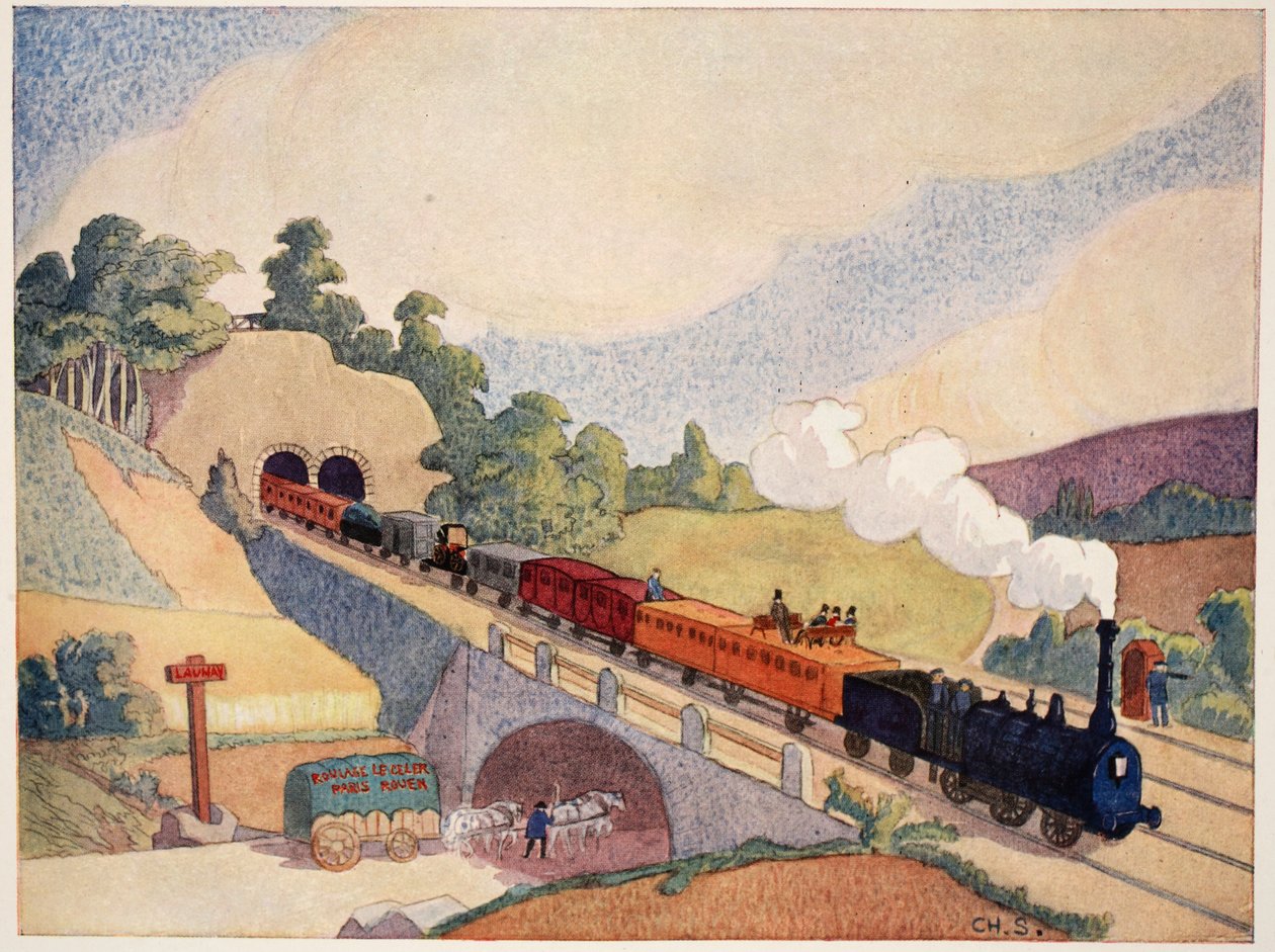 První železnice z Paříže do Rouenu, kopie známky z roku 1837, autor: M. Charles Sanlaville (fl.1920-30), ilustrace z knihy Histoire de la Nation Francaise, autor: Gabriel Hanotaux (1853-1944), 1924. od French School