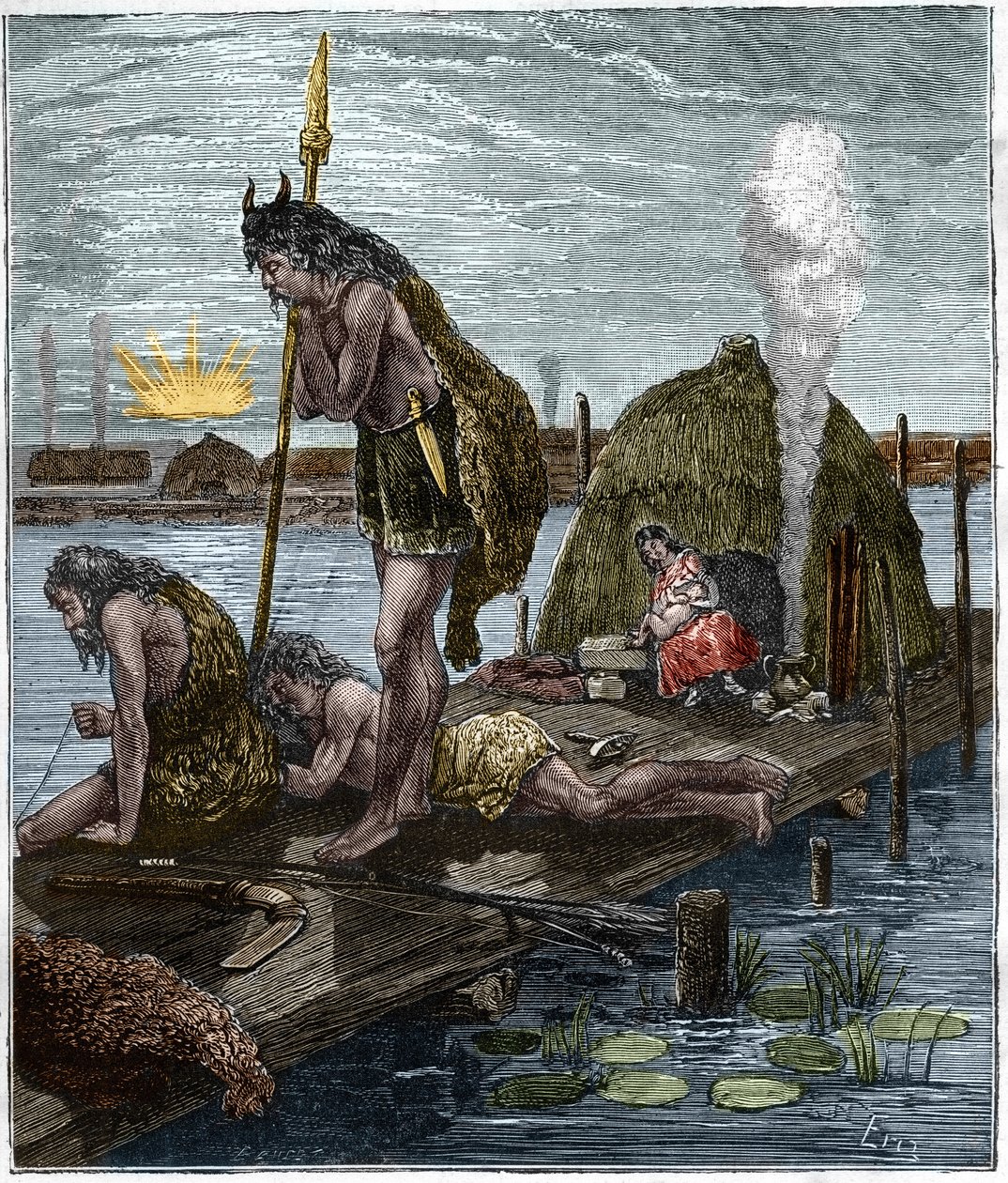První Pařížané nebo obyvatelé Lutece (Paříž) (hutte na chůdách) Rytina „Paříž v průběhu století“ od H. Gourdona de Genouillac (1874). od French School