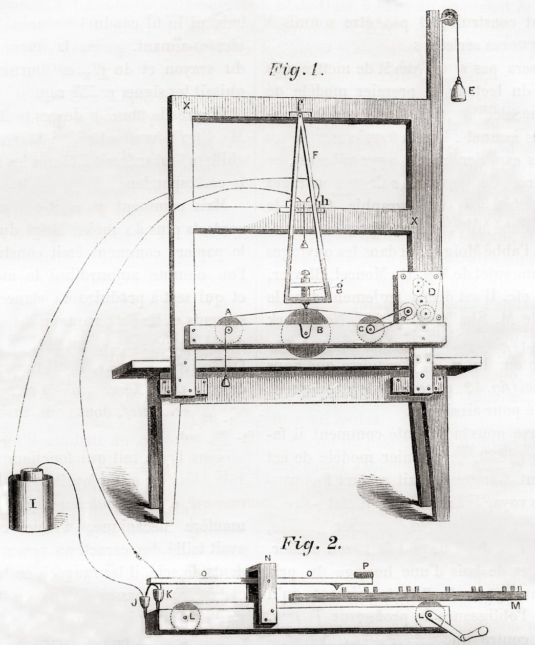 První elektrický telegraf vynalezený Samuelem Morsem v roce 1837, z Les Merveilles de la Science, publikovaný kolem roku 1870 (rytina) od French School