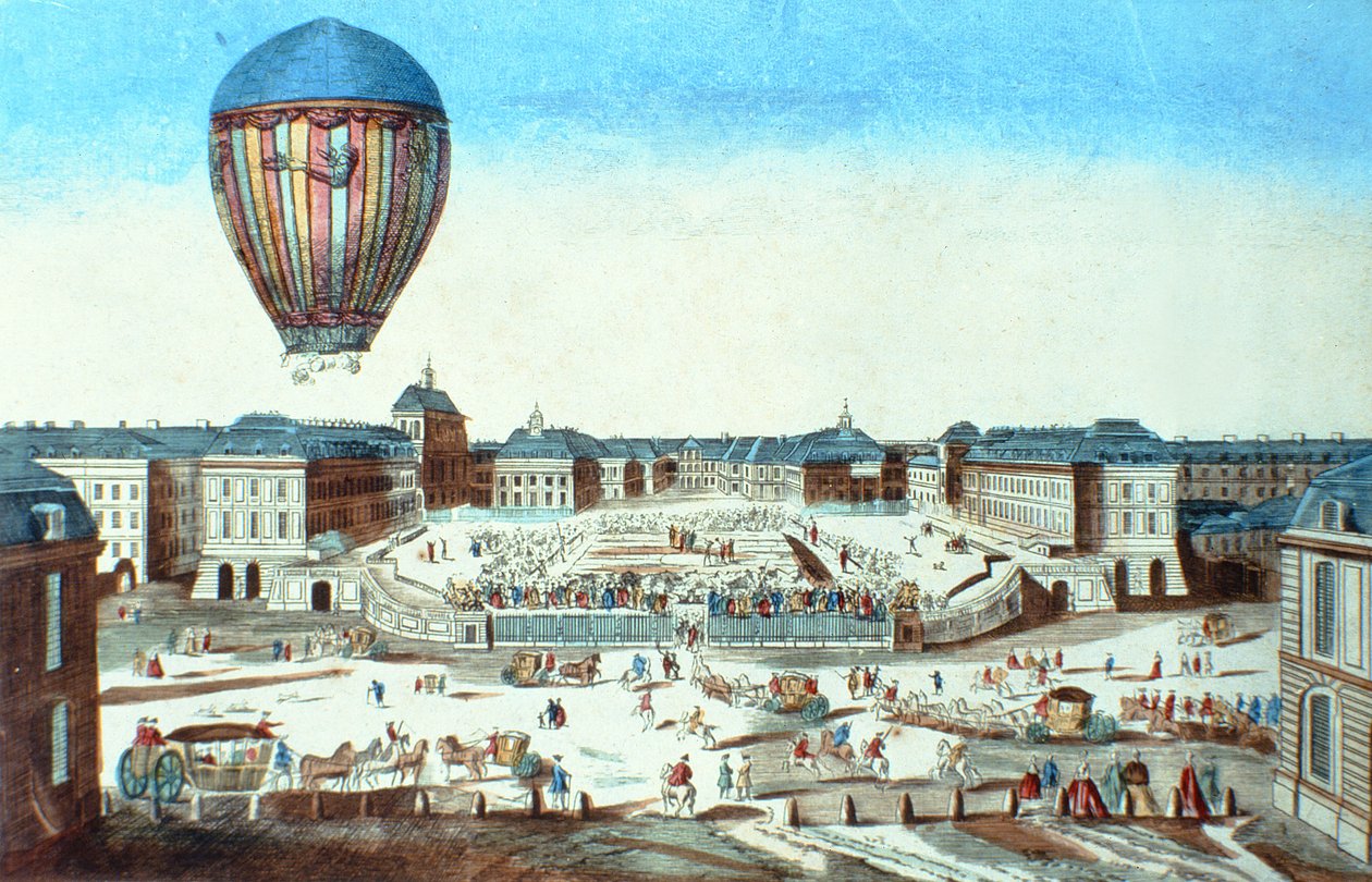 První let horkovzdušného balónu Pilatre du Roziers, pojmenovaného po svém sponzorovi M. Montgolfierovi, ve Versailles dne 23. června 1784 od French School