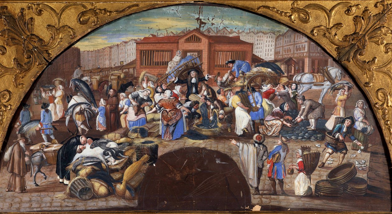 Rybí aukce v Halles v Paříži Scéna chůze. Výzdoba pro akci Francouzské školy. Paříž 17. století, Musee Carnavalet od French School