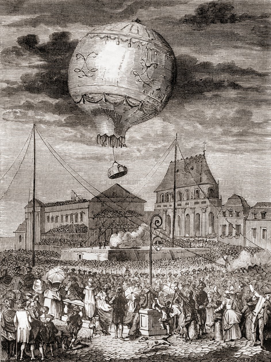 Let Aérostat Réveillon 19. září 1783 bratry Montgolfierovými ve Versailles ve Francii před francouzským králem Ludvíkem XVI. a královnou Marií Antoinettou z Les Merveilles de la Science, vydáno kolem roku 1870 (rytina) od French School