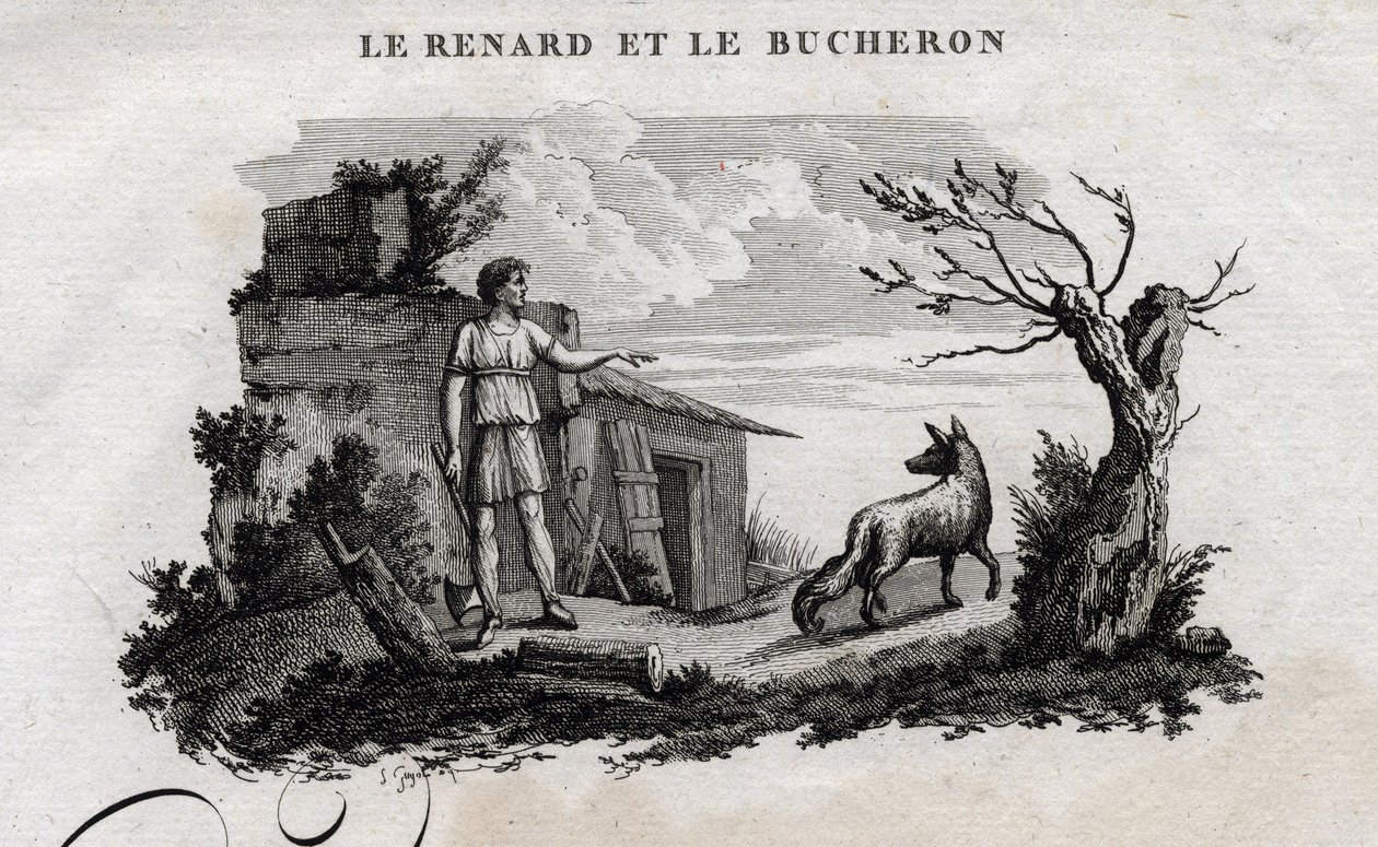 Liška a dřevorubec. Pohádka o Esope. (Řecký spisovatel Esopo nebo Ecopus, 6. století př. n. l.) Napsal Guillaume Montfort a Gravees Beauble v roce 1801. od French School