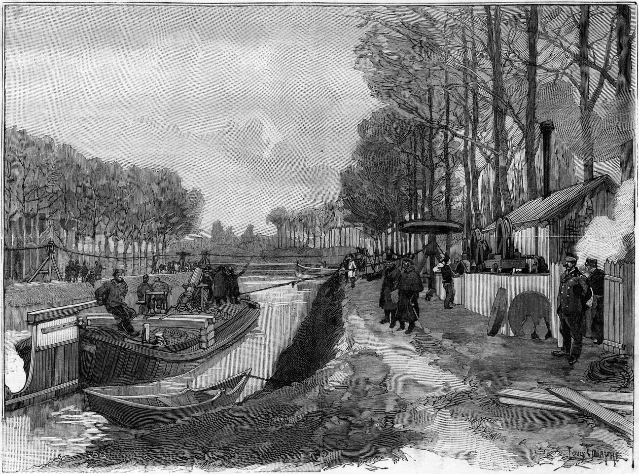 Lanová dráha vytahování lodí po kanálech v Joinville le Pont podle systému Maurice Levy. od French School