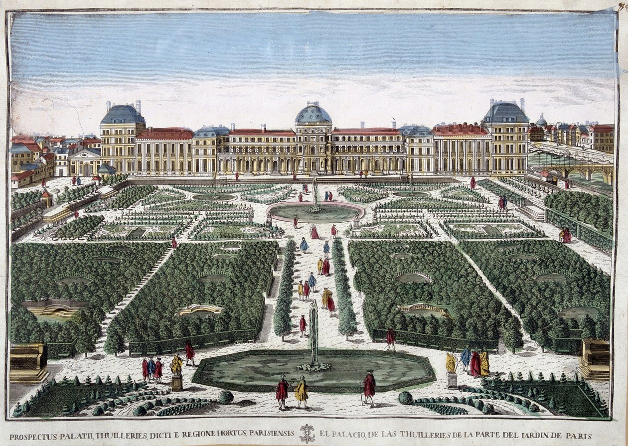 Zahrady a palác Tuileries - rytina od French School
