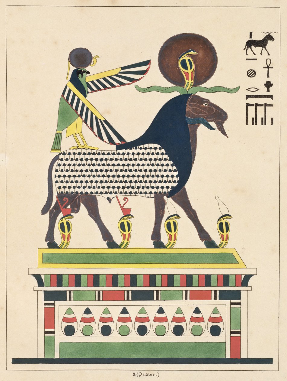 Bůh Amon-Ra, ilustrace z egyptského Pantheonu: sbírka mytologických postav ze starověkého Egypta od Jean-Francoise Champolliona, vydáno kolem roku 1986 od French School