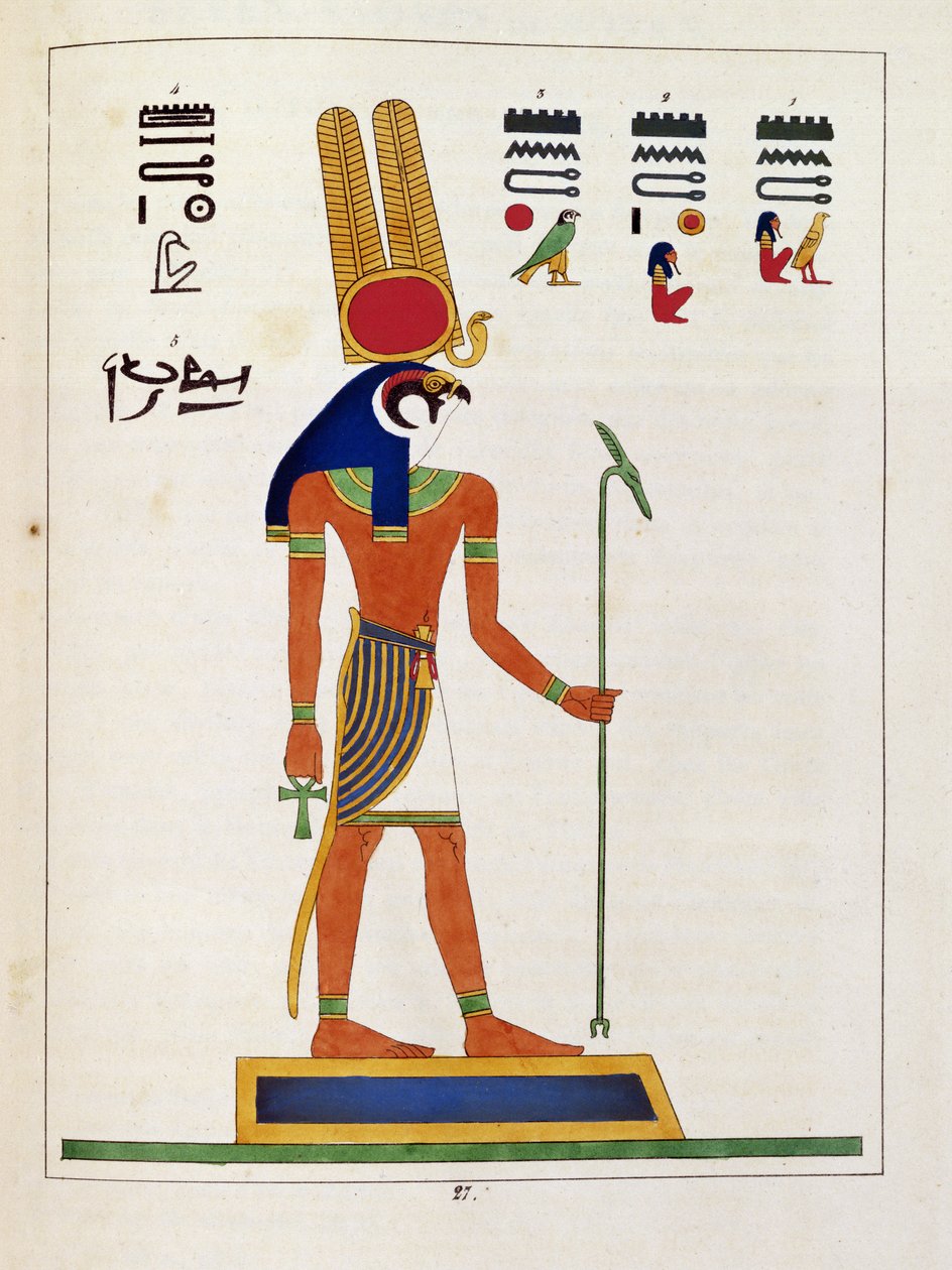 Bůh Mandou, ilustrace z egyptského Pantheonu: sbírka mytologických postav ze starověkého Egypta od Jean-Francoise Champolliona, vydáno kolem roku 1986 od French School