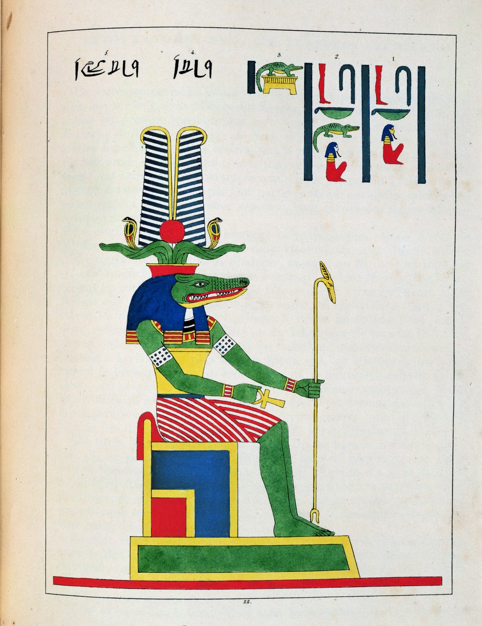 Bůh Sovk, ilustrace z egyptského Pantheonu: sbírka mytologických postav ze starověkého Egypta od Jean-Francoise Champolliona, vydáno kolem roku 1986 od French School
