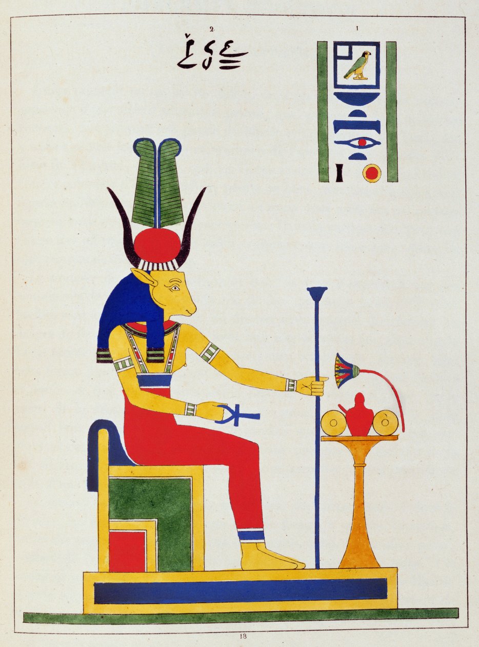 Bohyně Hathor, ilustrace z egyptského Pantheonu: sbírka mytologických postav ze starověkého Egypta, Jean-Francois Champollion, vydáno kolem roku 1986 od French School