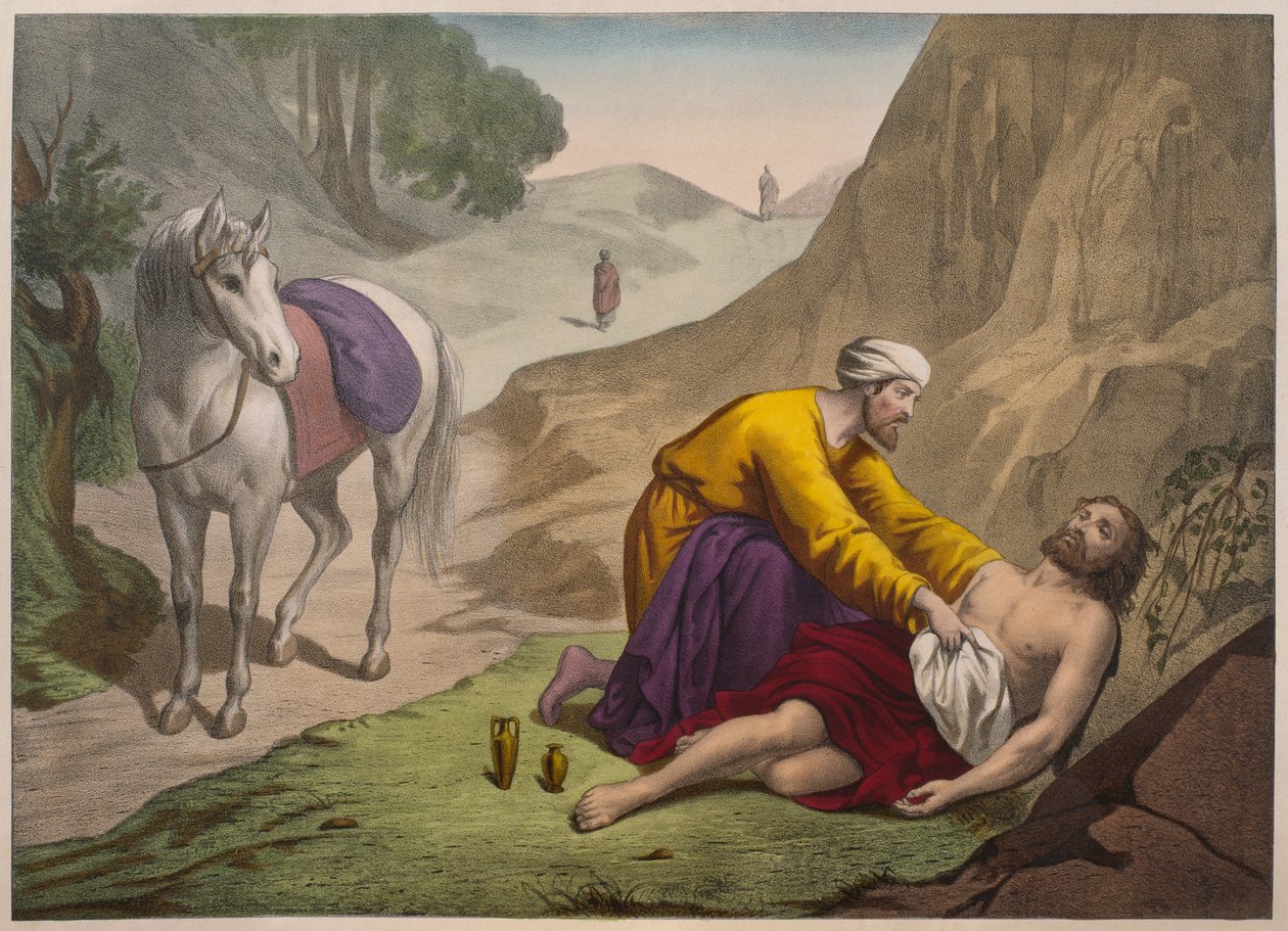 Dobrý Samaritán, ilustrace z katechismu LHistoire Sainte, vydal Charles Delagrave, Paříž, konec 19. století od French School