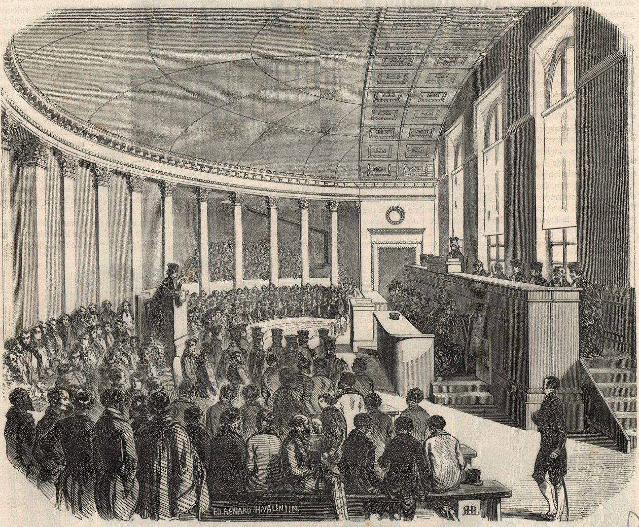 Velký amfiteátr během soutěže na právnické škole v Paříži - rytina v „Tableau-de-Paris“ od Edmonda Texiera 1852 od French School
