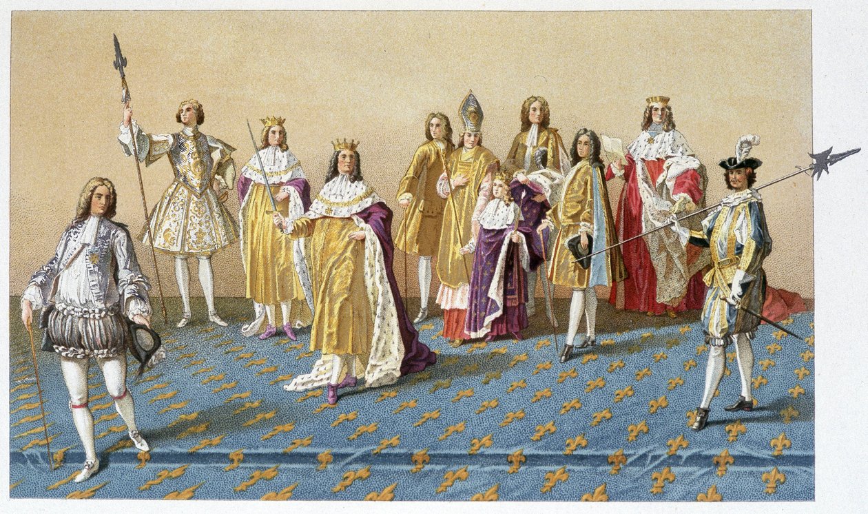 Velcí hodnostáři ke korunovaci Ludvíka XV.: markýz de Dreux, maršál de Villards, vévoda z Harcourtu, arcibiskup vévoda z Remeše, Ludvík XV., princ Charles Lotrinský, vévoda z Villeroy, vévoda z Armonville - chromo. od French School