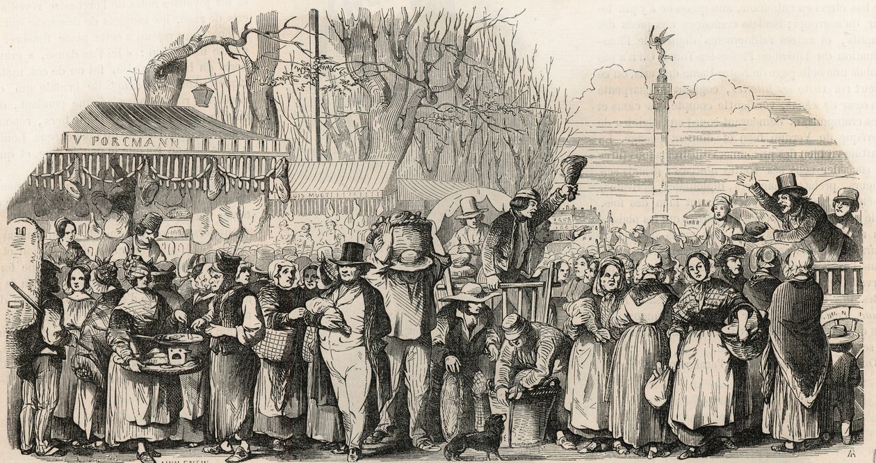 Veletrh šunky na Boulevard Bourdon v Paříži - rytina v „Tableau-de-Paris“ od Edmonda Texiera 1852 od French School