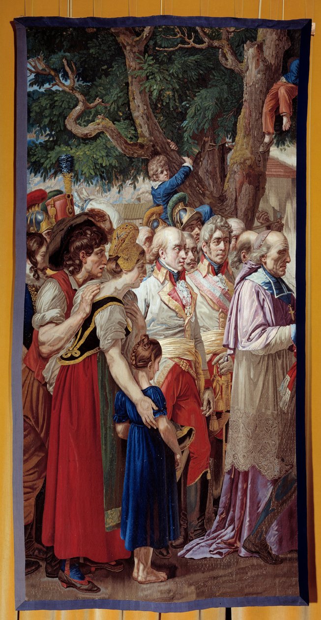 Předání klíčů od Vídně Napoleonovi I. (1769-1821) Císař se vrátil do rakouského hlavního města dezertérem Františkem II. Habsburským dne 14.11.1805. Gobelín vyrobený z dílny Gobelins. 1815. Slunce 3,35x1,72 m Malmaison, musee du chateau od French School