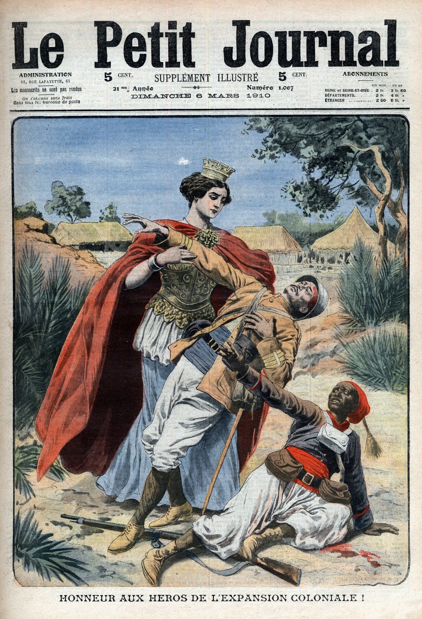 Hrdinové kolonialismu (v severní Africe) jsou poctěni alegorickou rytinou „Le Petit Journal“, 6. března 1910 (rytina) od French School