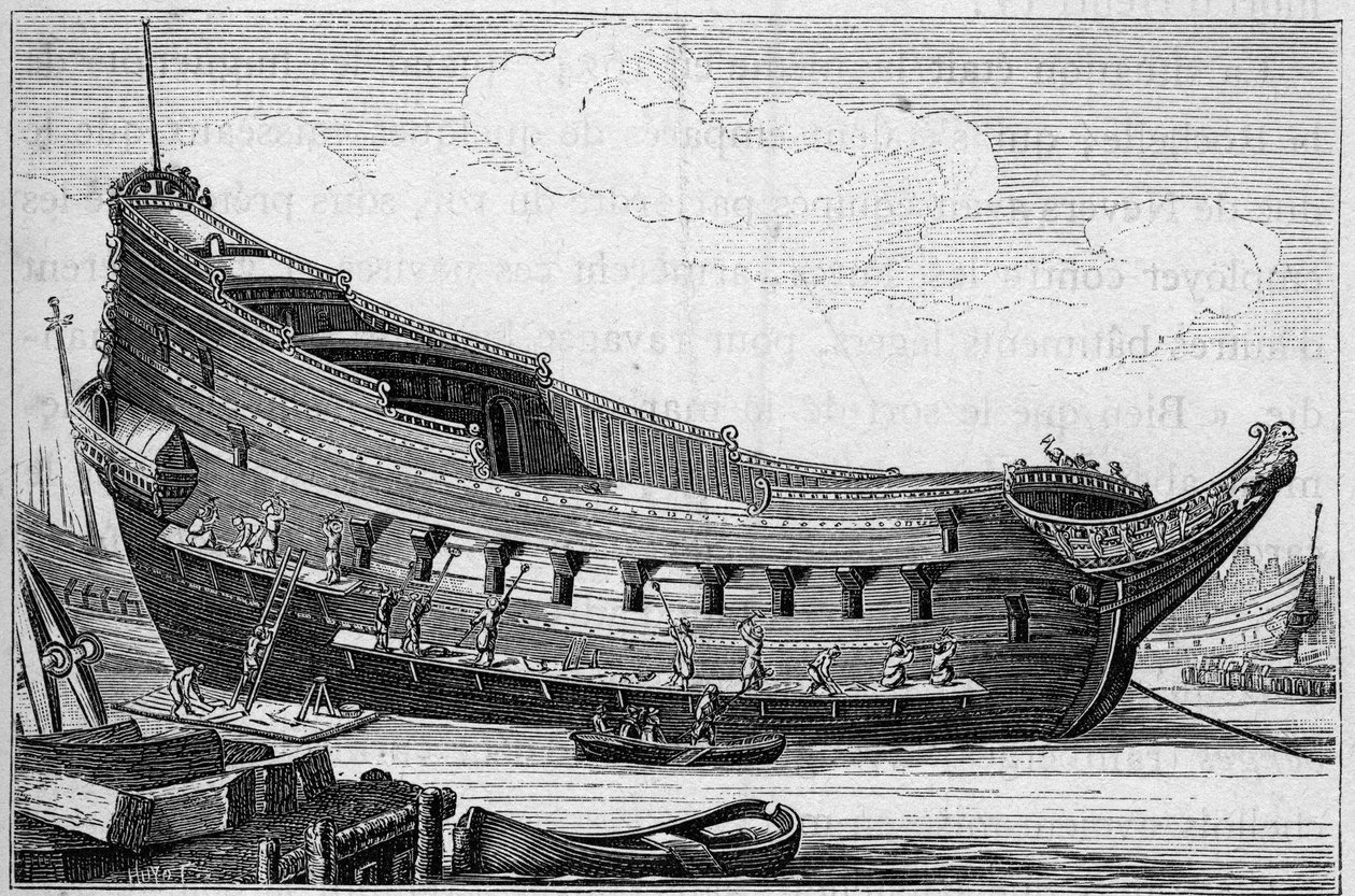 Trup velké lodi v 17. století. Rytina v „La Marine et les colonies: commerce“ od French School
