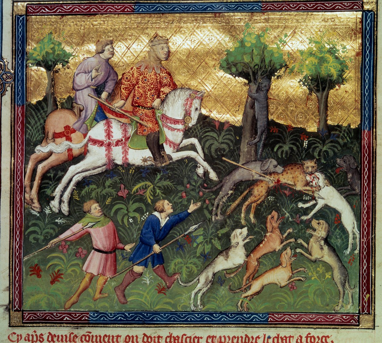 Hon na divokou kočku Miniatura převzatá z „Knihy lovu““ od Gastona III. Phoeba, hraběte z Foix, lorda z Bearnu (1331-1391) od French School
