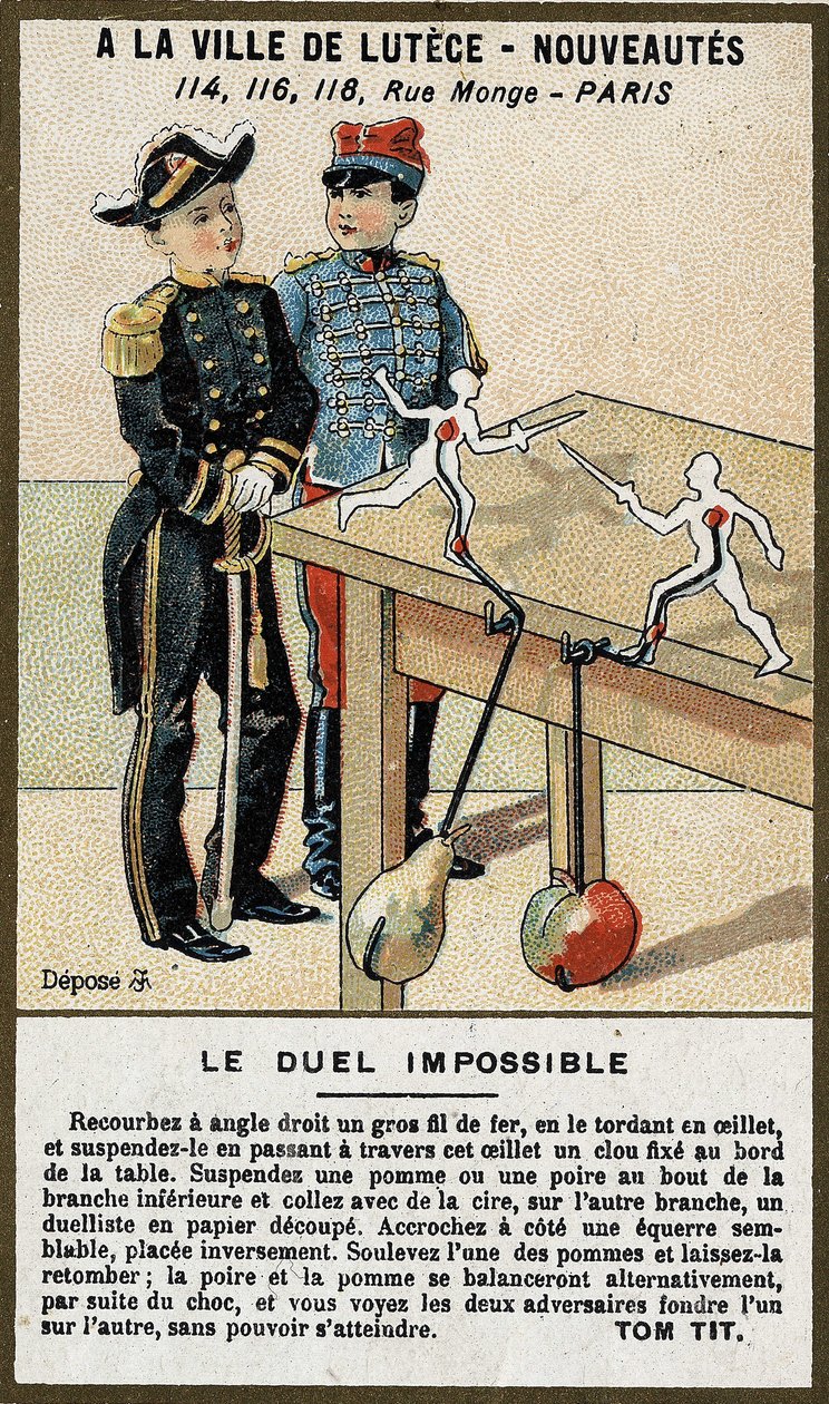 Nemožný souboj: dětská karta vysvětlující hru, kterou si postavíte sami. Chromolitografie 19. století. od French School