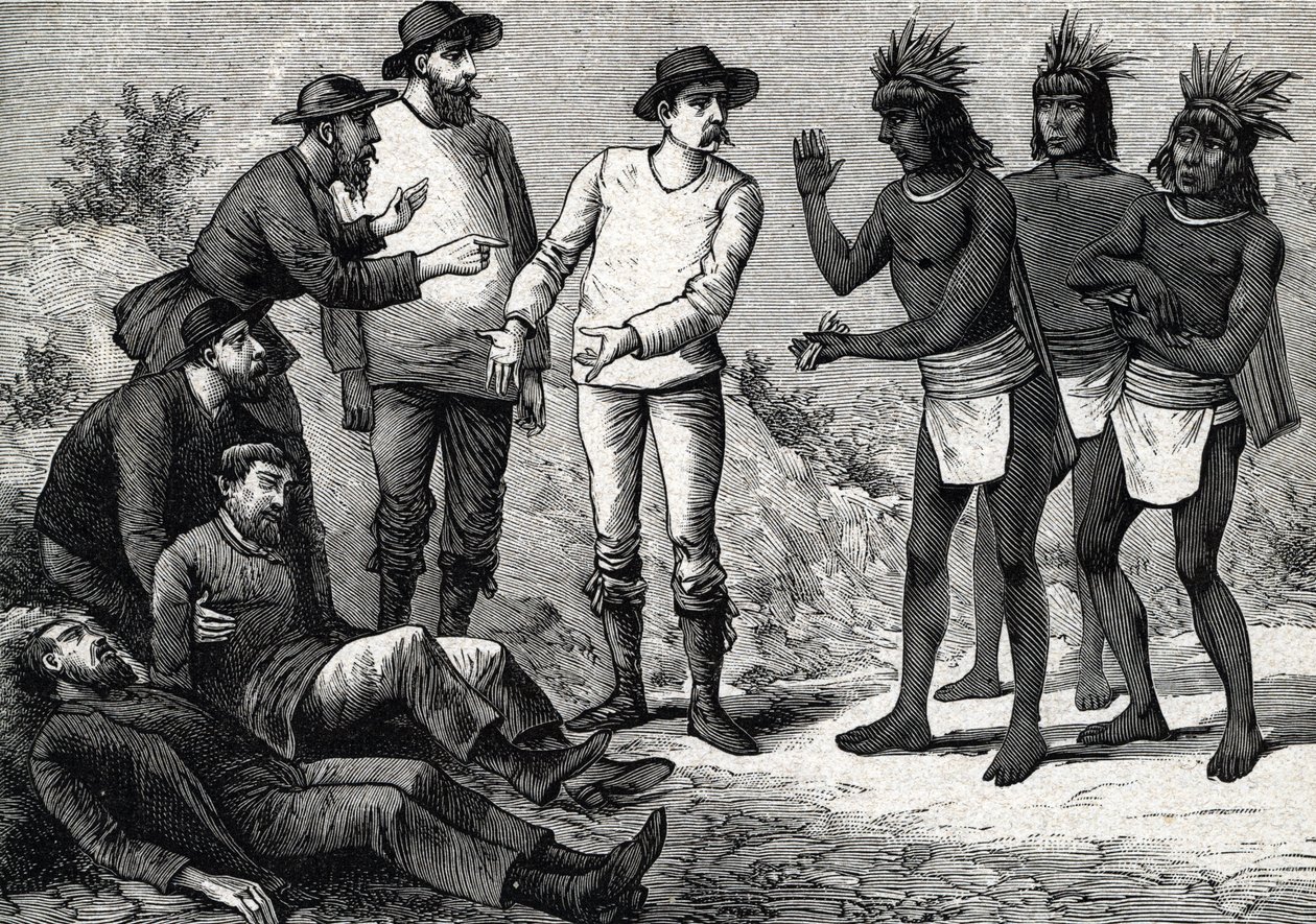 Obyvatelé Peru pomáhají koloniálním Evropanům trpícím malárií s Cinchona (rytina) 1888 od French School