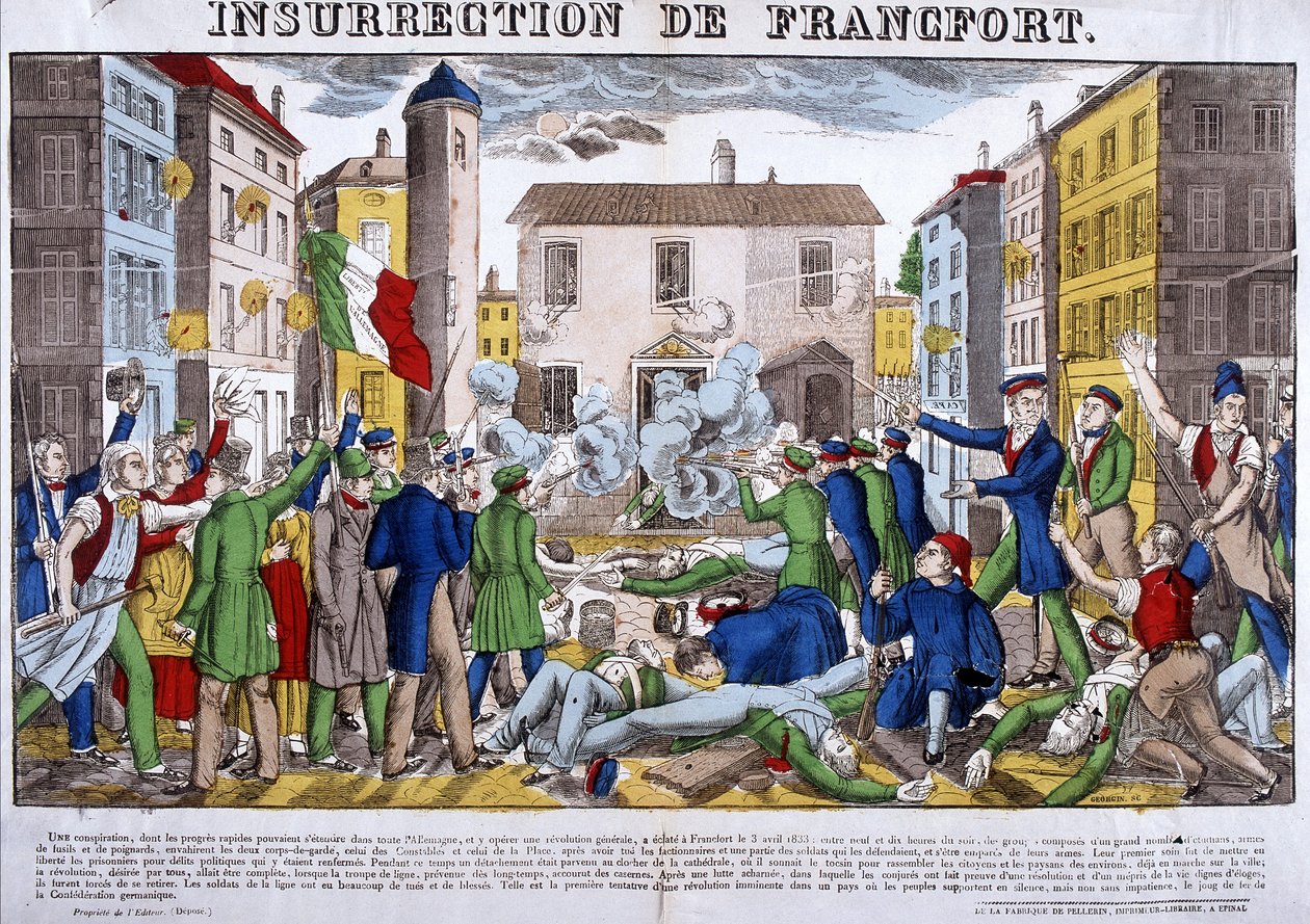 Povstání ve Frankfurtu 3. dubna 1833, hlavním městě Německé konfederace. Obrázek Epinal od French School