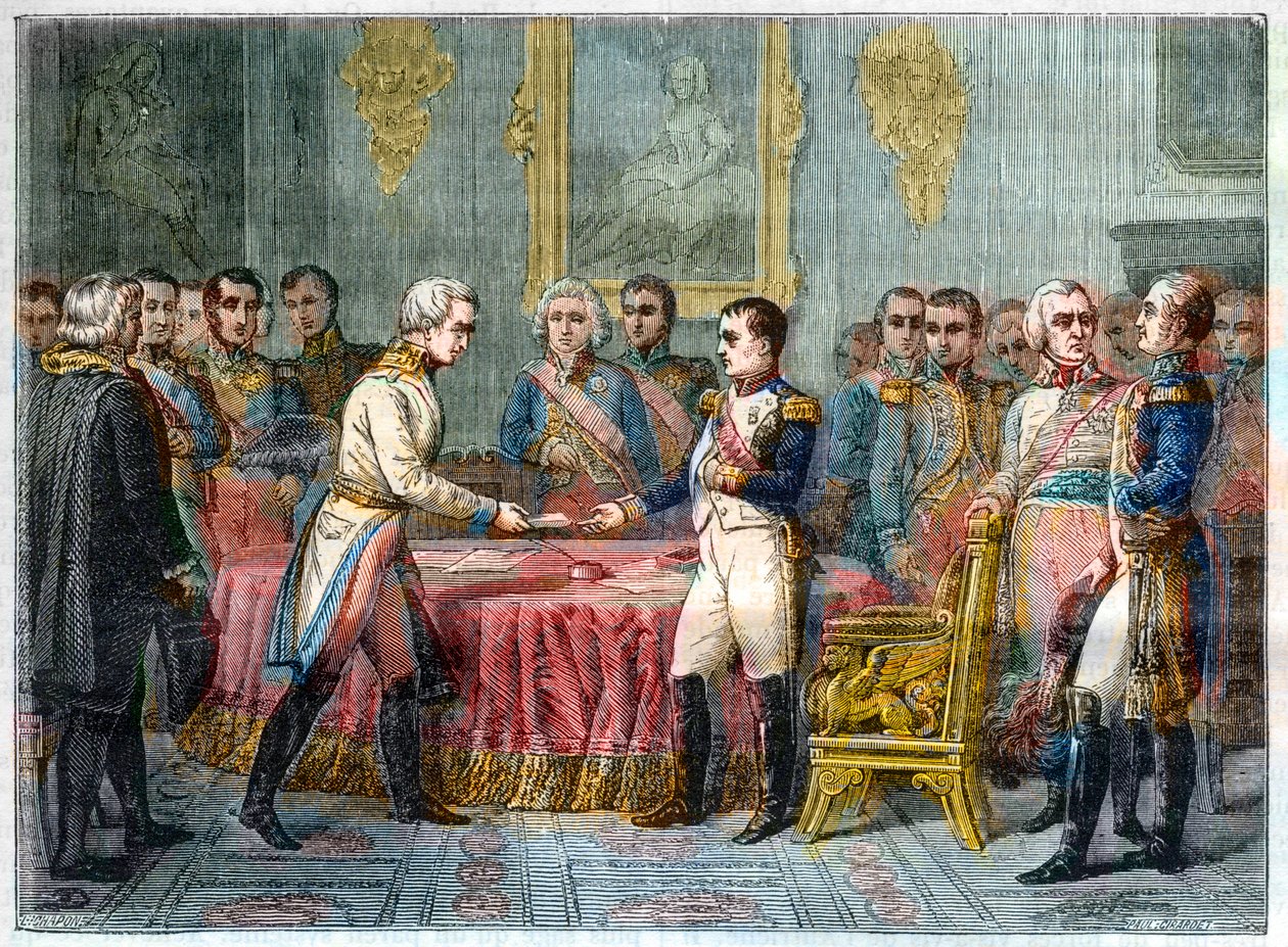 Rozhovor v Erfurtu, 27. září - 14. října 1808 - Napoleon I. přijímá barona Vincenta, rakouského diplomata a vyslance rakouského císaře napravo Alexandr I. Ruský (1777-1825) - Sněm knížat v Erfurtu dne 27. září 1808 ( Napoleo od French School
