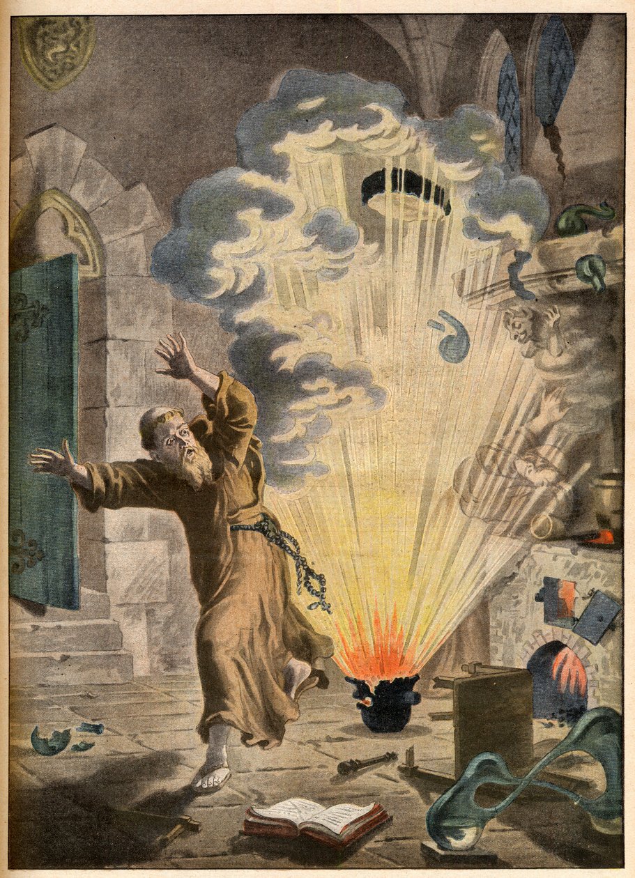 Vynález střelného prachu německým mnichem a alchymistou Bertholdem Schwartzem (asi 1318-1384) - Slavné vynálezy. Prášek. Ilustrace pro Le petit Journal, 27. ledna 1901. od French School