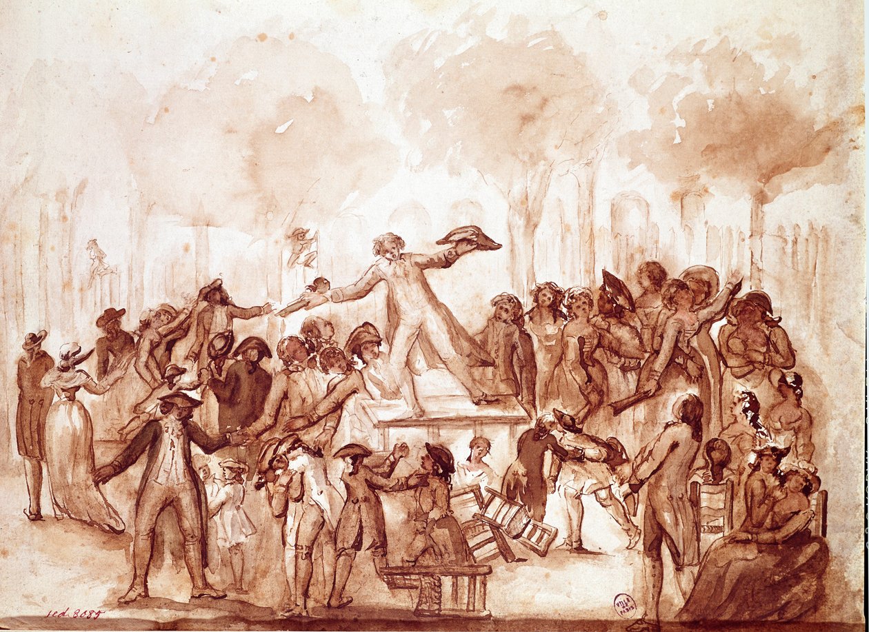 Novinářka Camille Desmoulins (1760-1794) hájila vlastence v zahradách královského paláce““ První scéna francouzské revoluce v Paříži, 12. července od French School