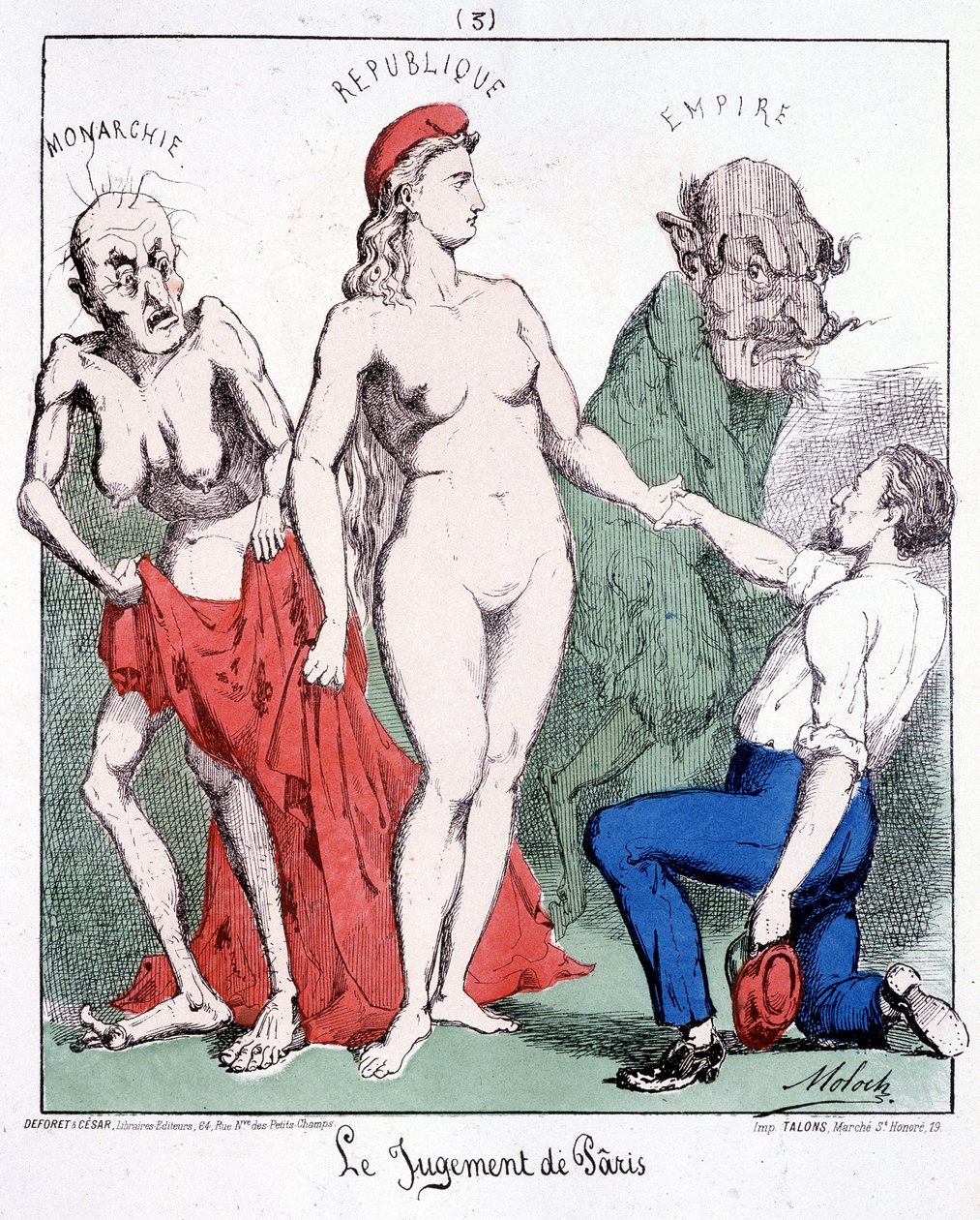 Rozsudek Pâris: Monarchie – Republika – Říše (komunard si vybere republiku). Karikatura o Komuně. od French School