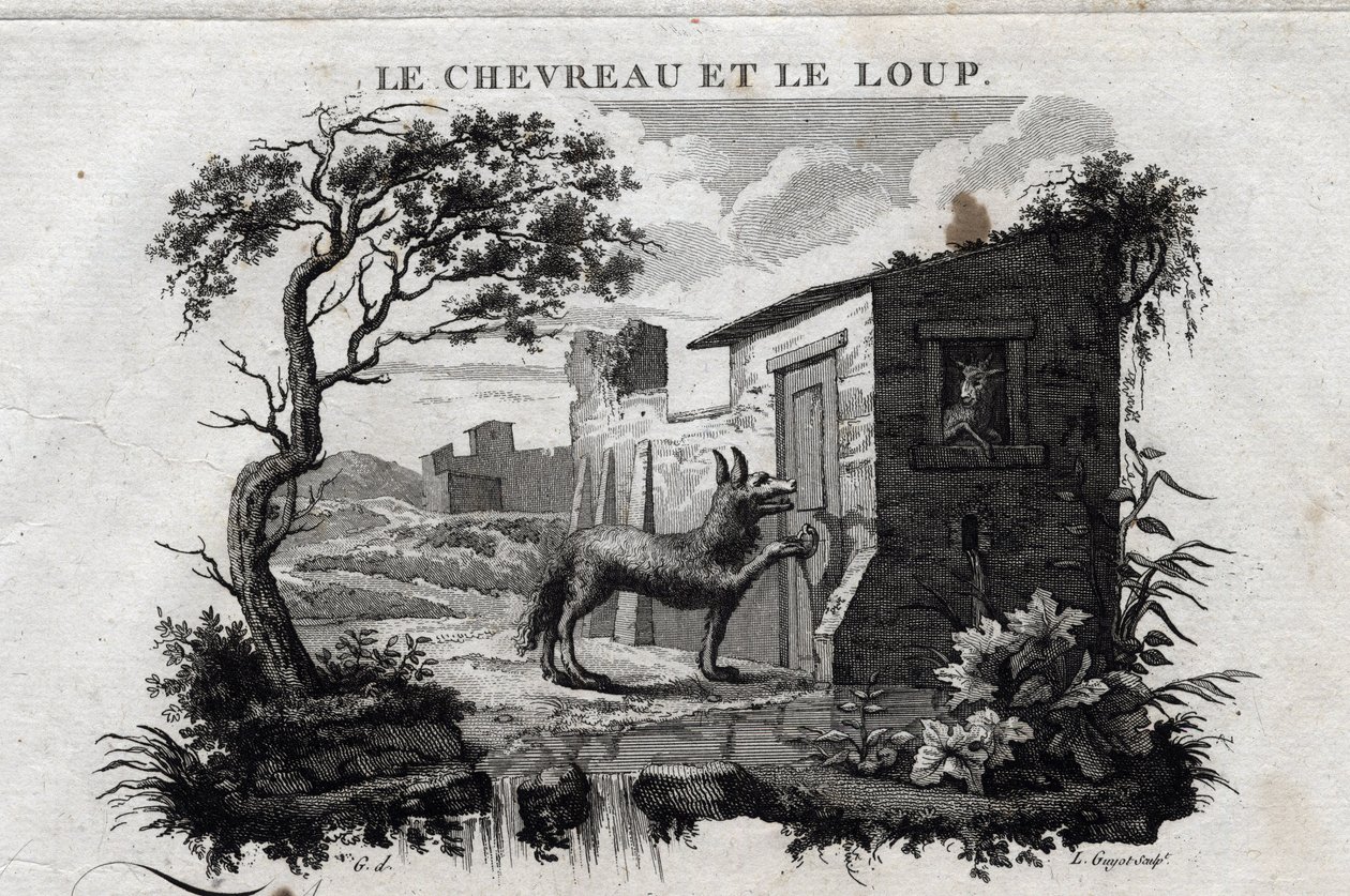 Dítě a vlk. Pohádka o Esope. (Řecký spisovatel Esopo nebo Ecopus, 6. století př. n. l.) Napsal Guillaume Montfort a Gravees Beauble v roce 1801. od French School