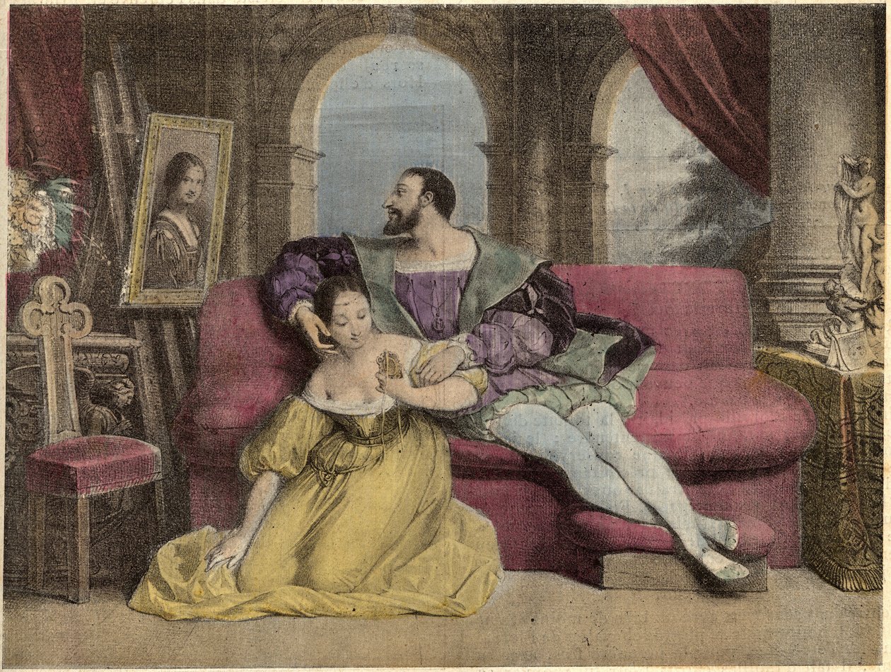 Francouzský král Francois I. (1494-1547) a nádherné kování. Litografie Daveria z roku 1838 v „“ Laughs Et Galanterie““. Týdenní sbírka Galantes Images na směr John Grand-Carteret. 1903-1904. od French School