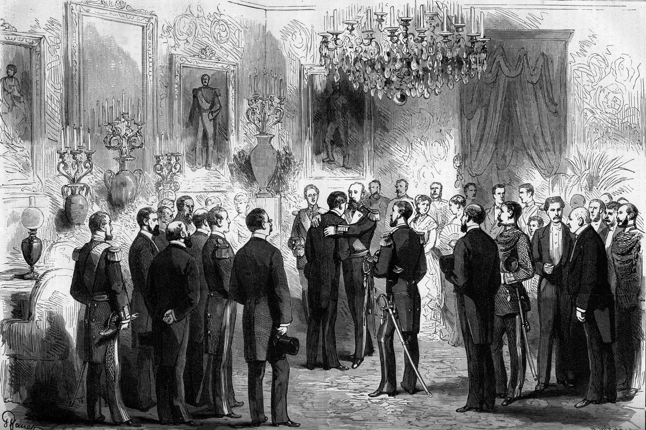 Švédský král Oscar II (1829-1907) přijal průzkumníky Nilse Adolfa Erika (Eric) barona Nordenskjolda (Nordenskiold) (1832-1901) a poručíka Palandera v královském paláci ve Stockholmu. V roce 1878 Nordenskjold přešel z Atlantského oceánu do Tichého oceánu od French School