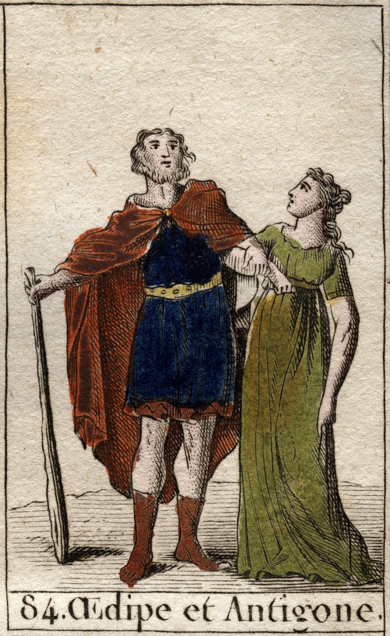 Thébský král Oidipus se svou dcerou Antigonou z „Mythologie de la jeunesse“ od Pierra Blancharda 1803. od French School