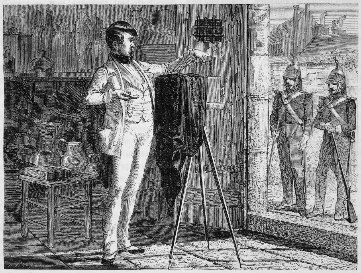 Laboratoř Niepce de Saint-Victor v policejní místnosti kasáren městské stráže ve faubourg Saint-Martin v roce 1848 - v knize Louise Figuiera "Zázraky vědy". od French School