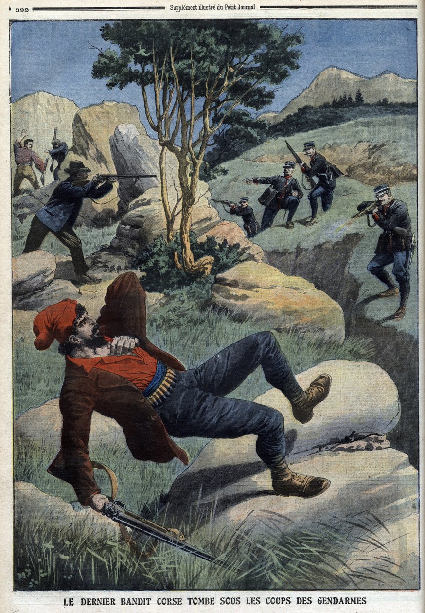 Poslední korsický bandita padá pod rány četníků: „Le Petit Journal“ z 5. prosince 1909 (rytina) od French School