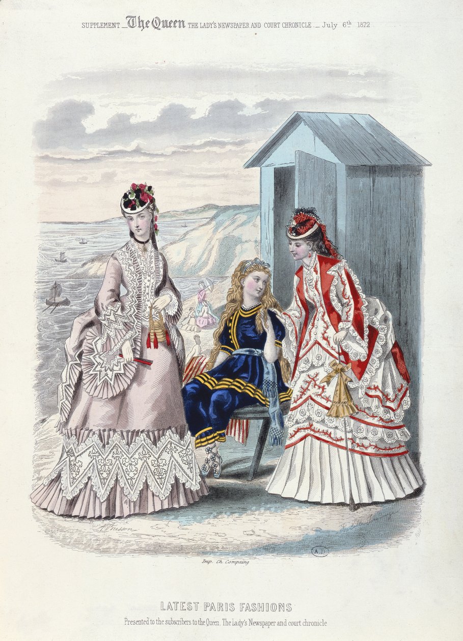 Nejnovější pařížská móda pro pláž a plavání, 1872 (barevné rytí) od French School