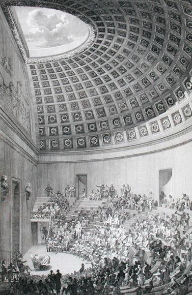 Přednáškový sál podle vzoru římského Pantheonu z knihy "Popis chirurgické školy v Paříži", vydané v roce 1780 (rytina). od French School