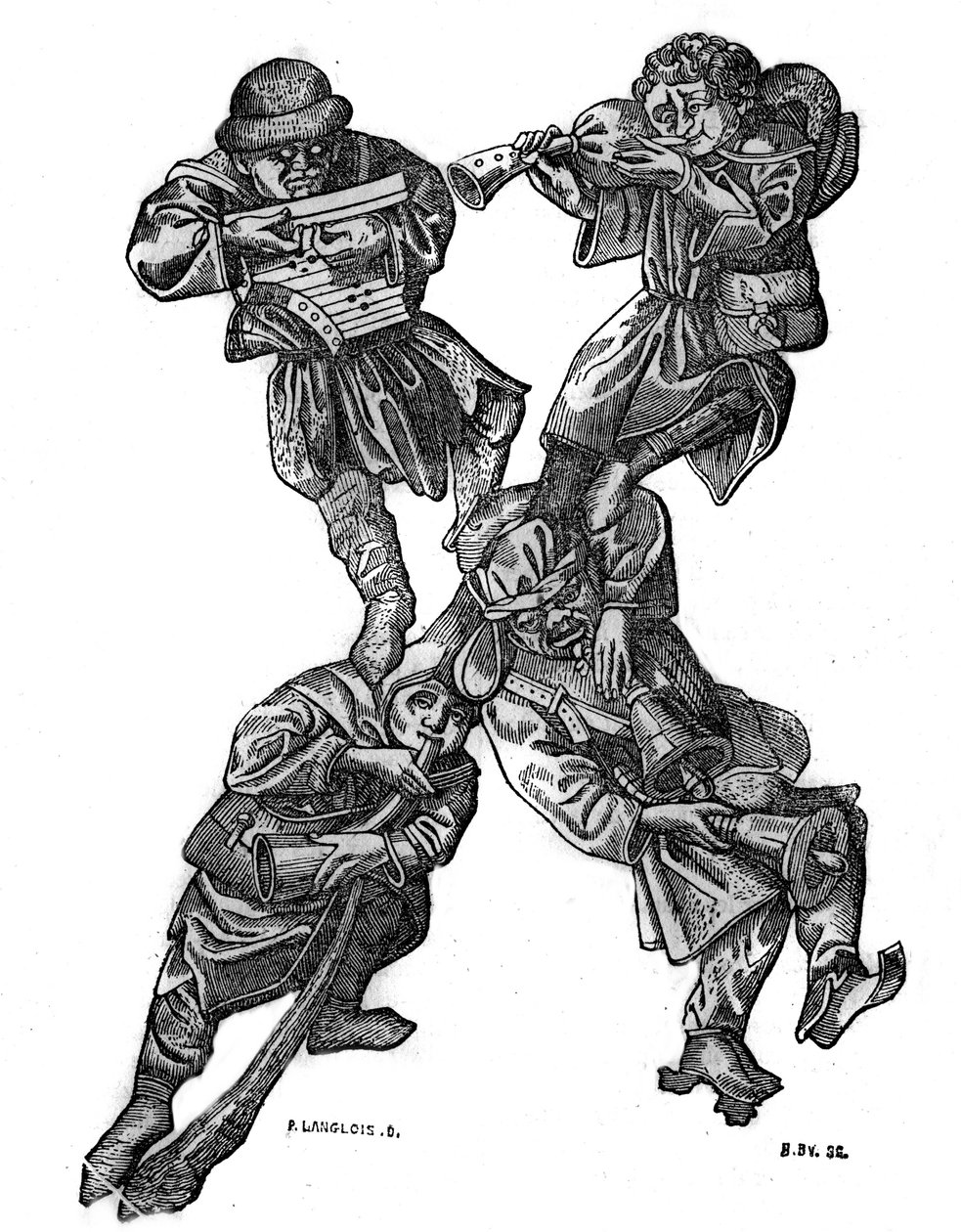 Písmeno X groteskní abecedy složené ze čtyř hudebních znaků, vyrobené v roce 1466. V „“ The malebném obchodě““ 1836 od French School