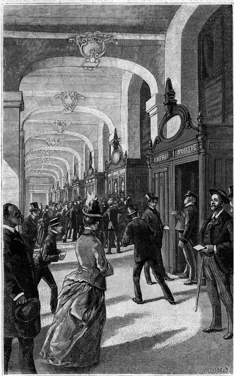 Galerie poštovních schránek hotelu des Postes na rue du Louvre v Paříži. Rytina do deníku ""Mládí"" od French School