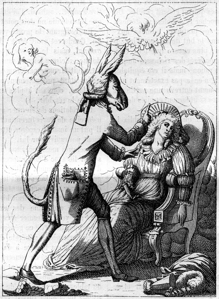 Magický prst, kolej podobná antické karikatuře o Fransi Antonu Mesmerovi (1734-1815), německém lékaři, zakladateli teorie zvířecího magnetismu či mesmerismu. Gravírování v „“ La Nature. Revue des sciences et de ses applications aux arts et a od French School