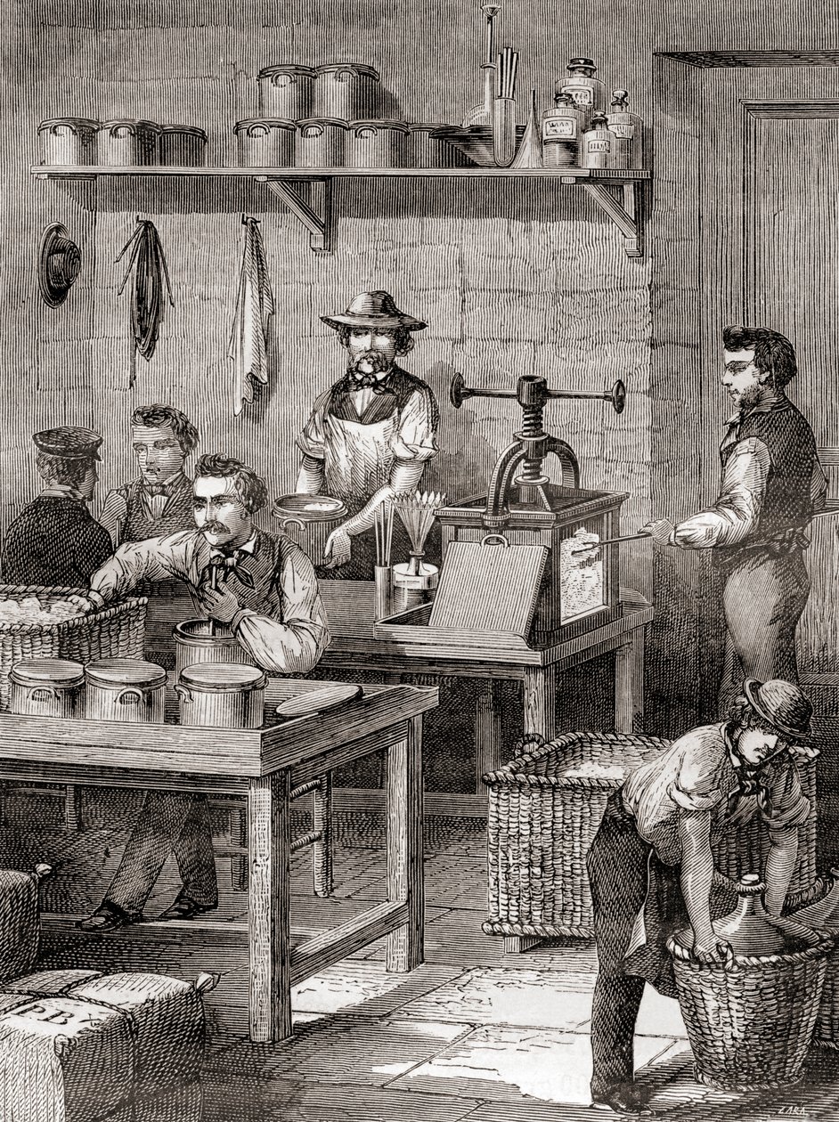 Výroba střelné bavlny v 19. století z Les Merveilles de la Science, publikovaná kolem roku 1870 (rytina) od French School
