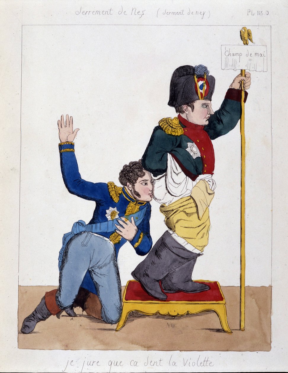 Marechal Michel Ney (1769-1815) čichající k zadku Napoleona 1.: „Přísahám, že to voní jako fialka“, sd v.1810. od French School