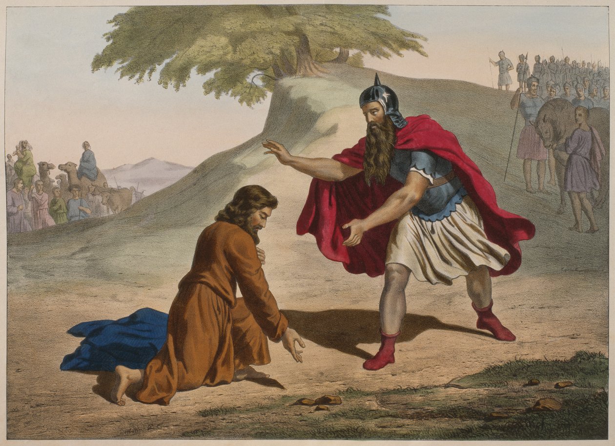 Setkání Jakuba a Ezaua, ilustrace z katechismu LHistoire Sainte, vydal Charles Delagrave, Paříž, konec 19. století od French School