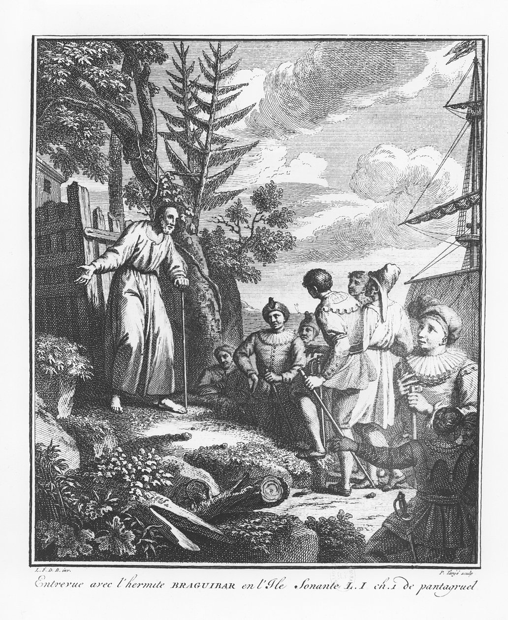 Setkání s Braguibarem na ostrově Sonante, ilustrace z „Života Gargantuy a Pantagruela“, od Françoise Rabelaise od French School