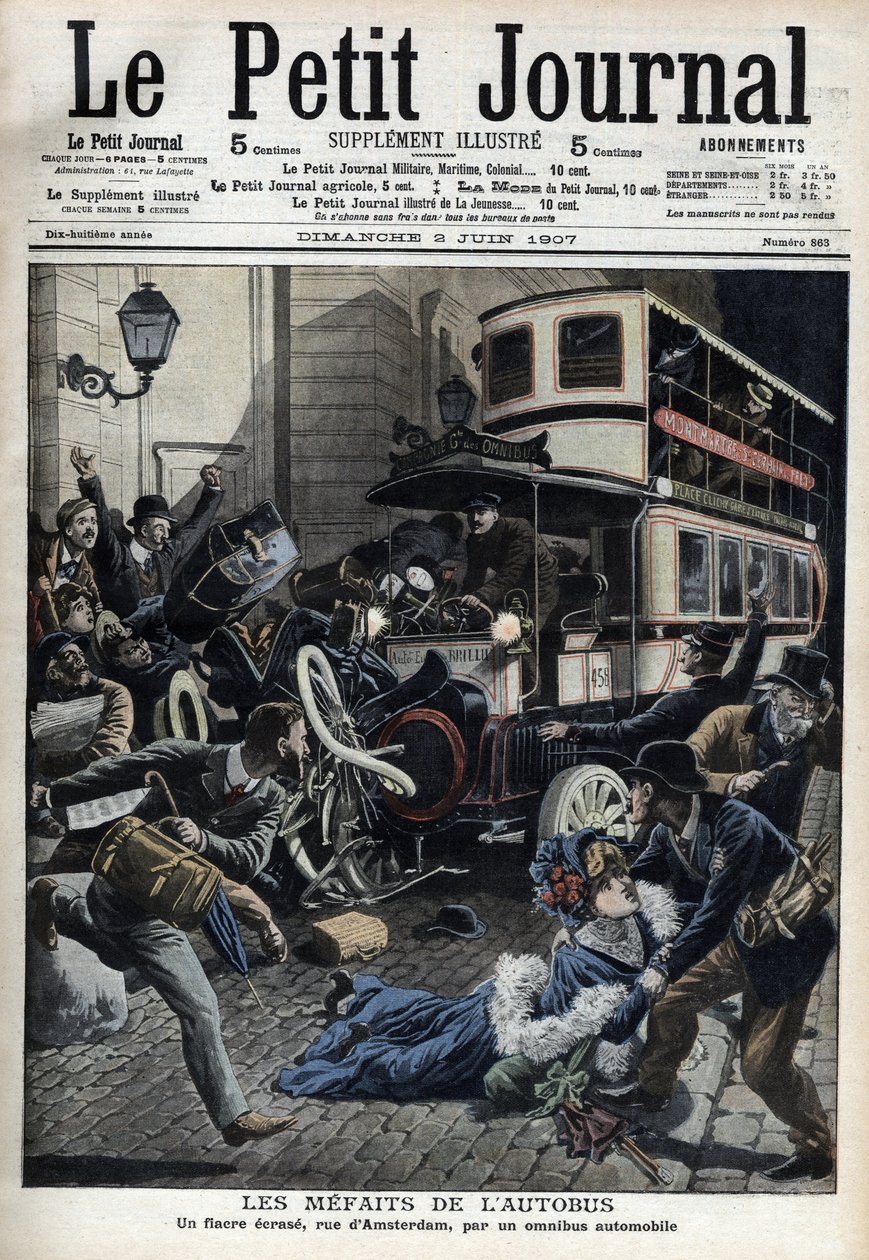 Chyby autobusu: fiakr rozdrcený autobusem v pařížské ulici Amsterdamu “Le Petit journal”, červen 1907 (rytina) od French School