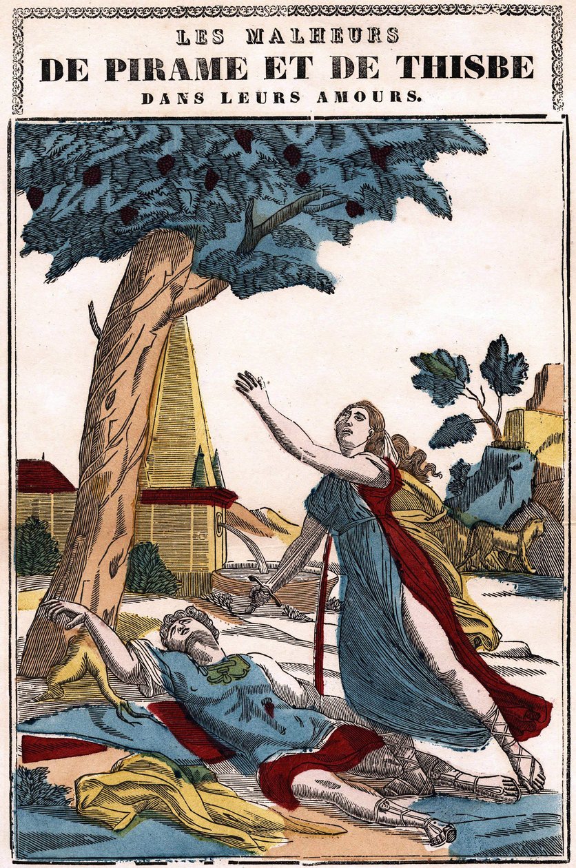 Neštěstí Pyrama (Pirame) a Thisbe v jejich lásce, vyprávěné Ovidiem v „Proměnách““. Obrázek Epinal od French School