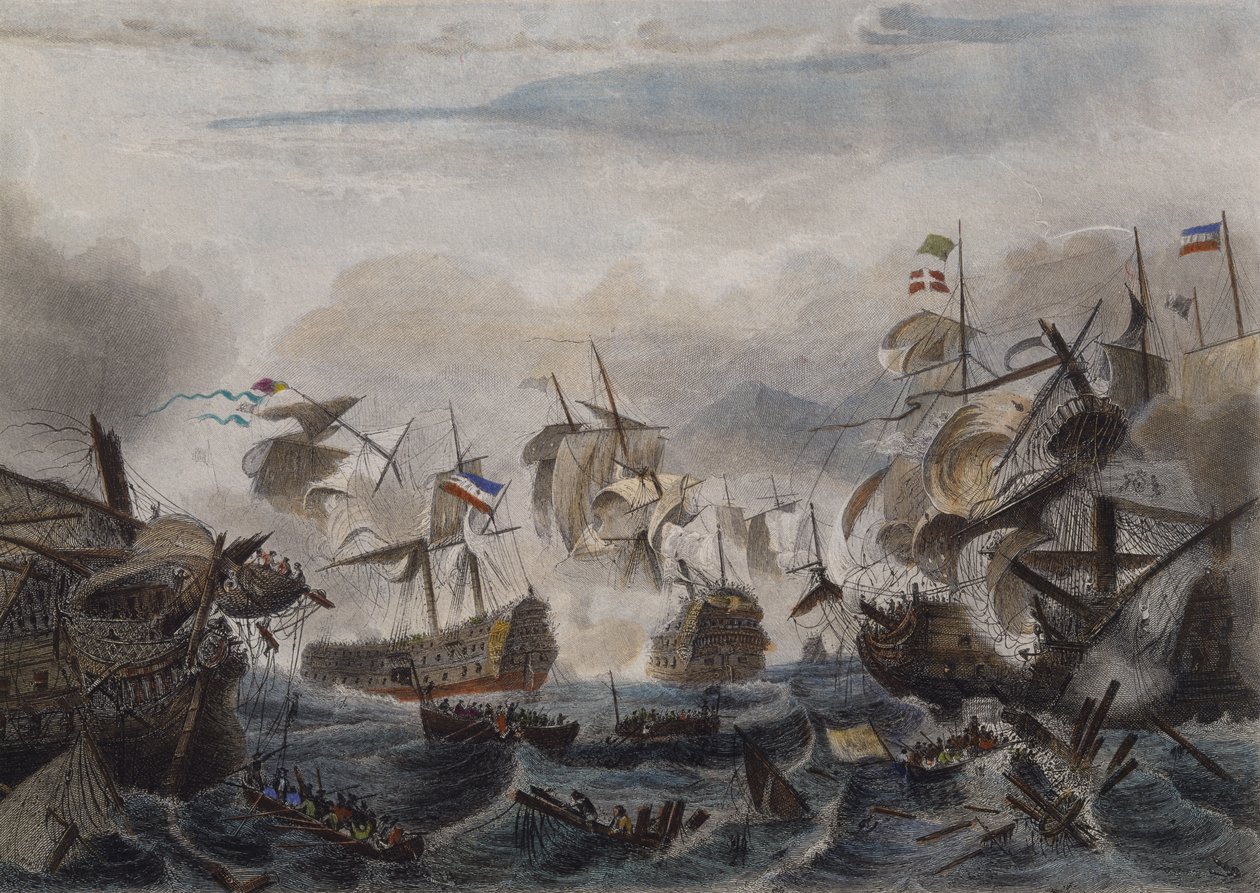 Námořní bitva u mysu La Hogue v roce 1692, rytina Chavanne (kolorovaný lept) od French School