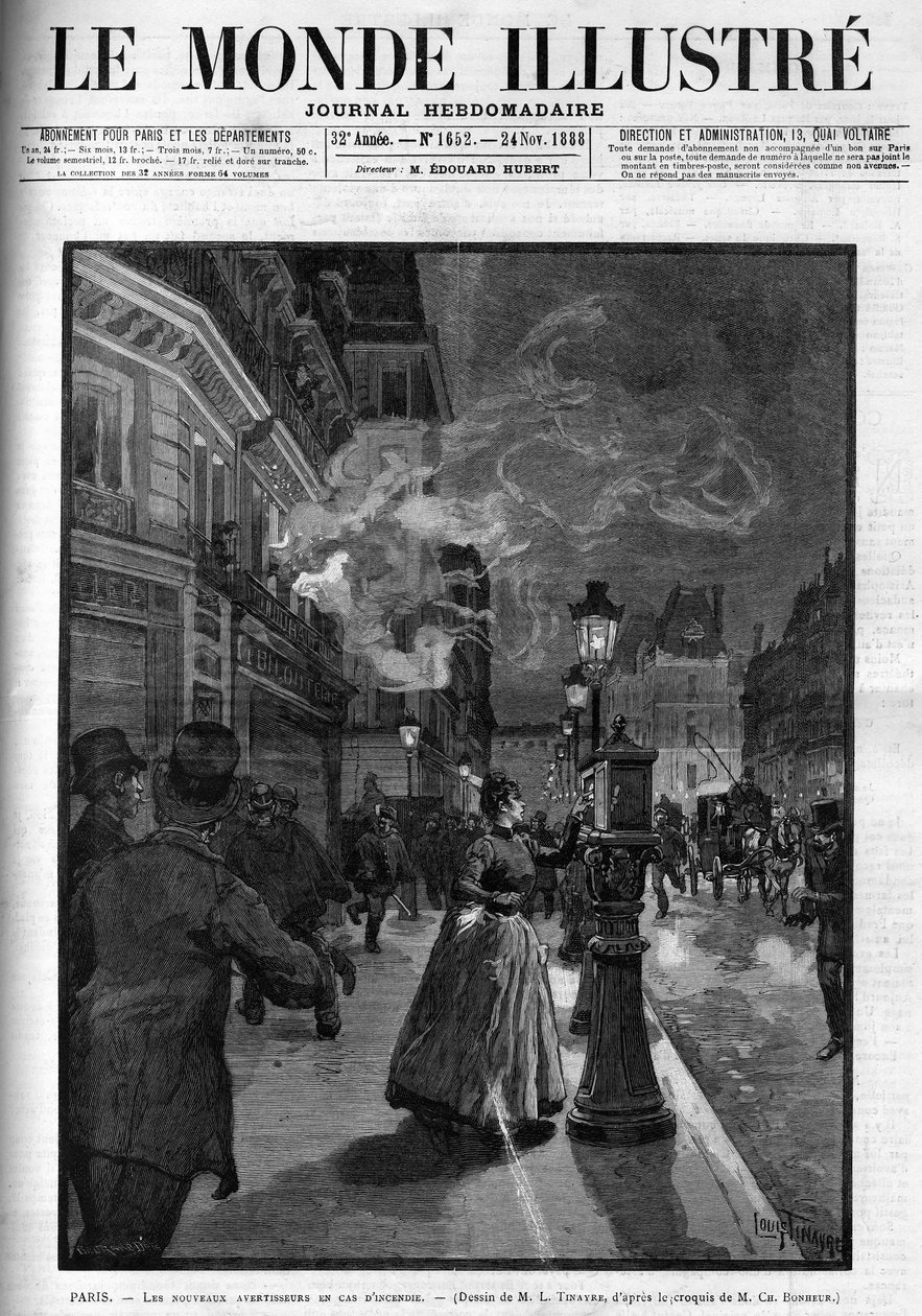 Nové požární hlásiče v Paříži v roce 1888. Obálka „The Illustrous World““ z roku 1888. od French School