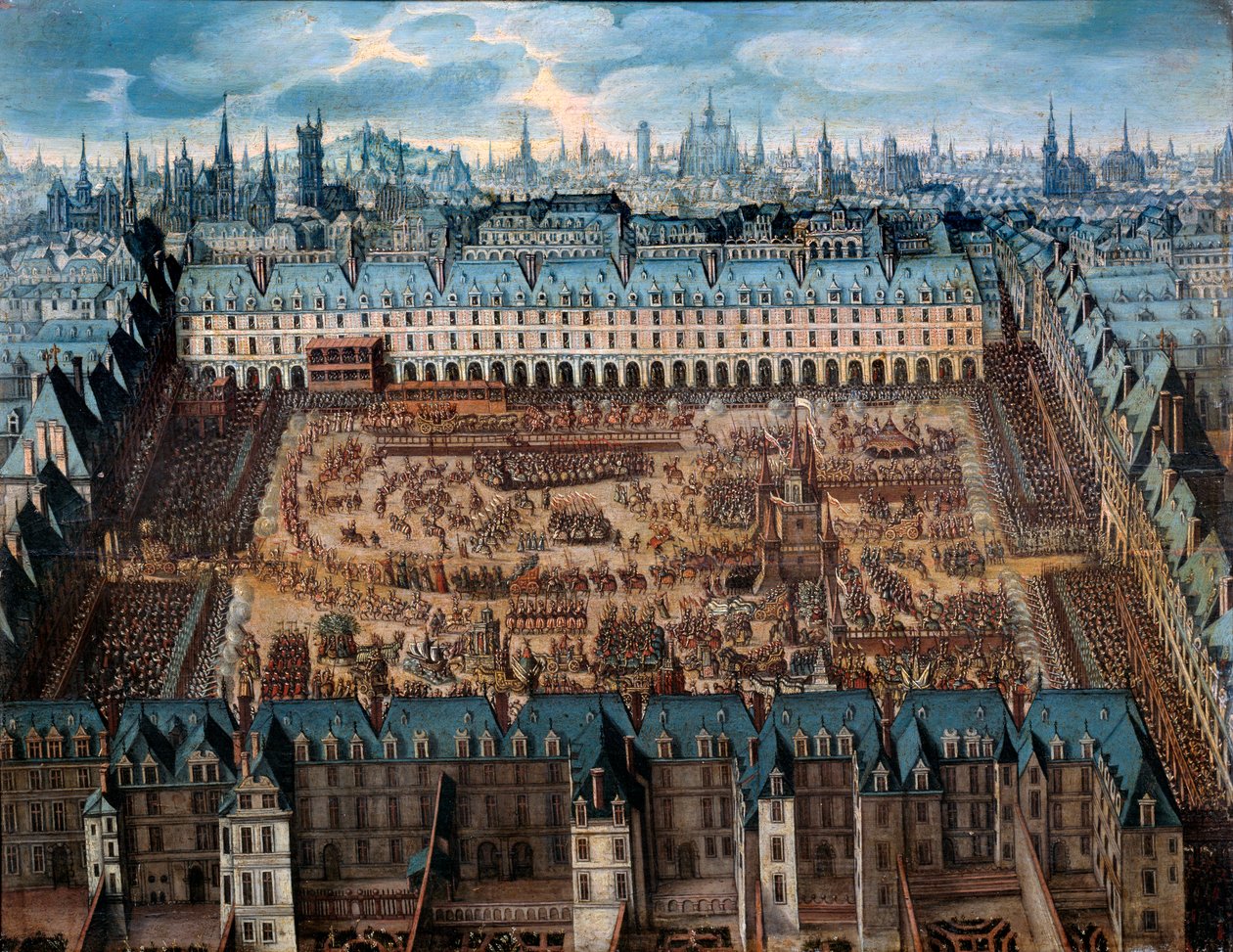 Román rytířů slávy aneb Velký kolotoč na královském náměstí v dubnu 1612 u příležitosti svatby Ludvíka XIII. (1601-1643) a Anny Rakouské - Anonymní obraz. 1612 olej na dřevě, Sun. 0,41x0,52 m Paříž, Musee Carnavalet - Grand Caro od French School
