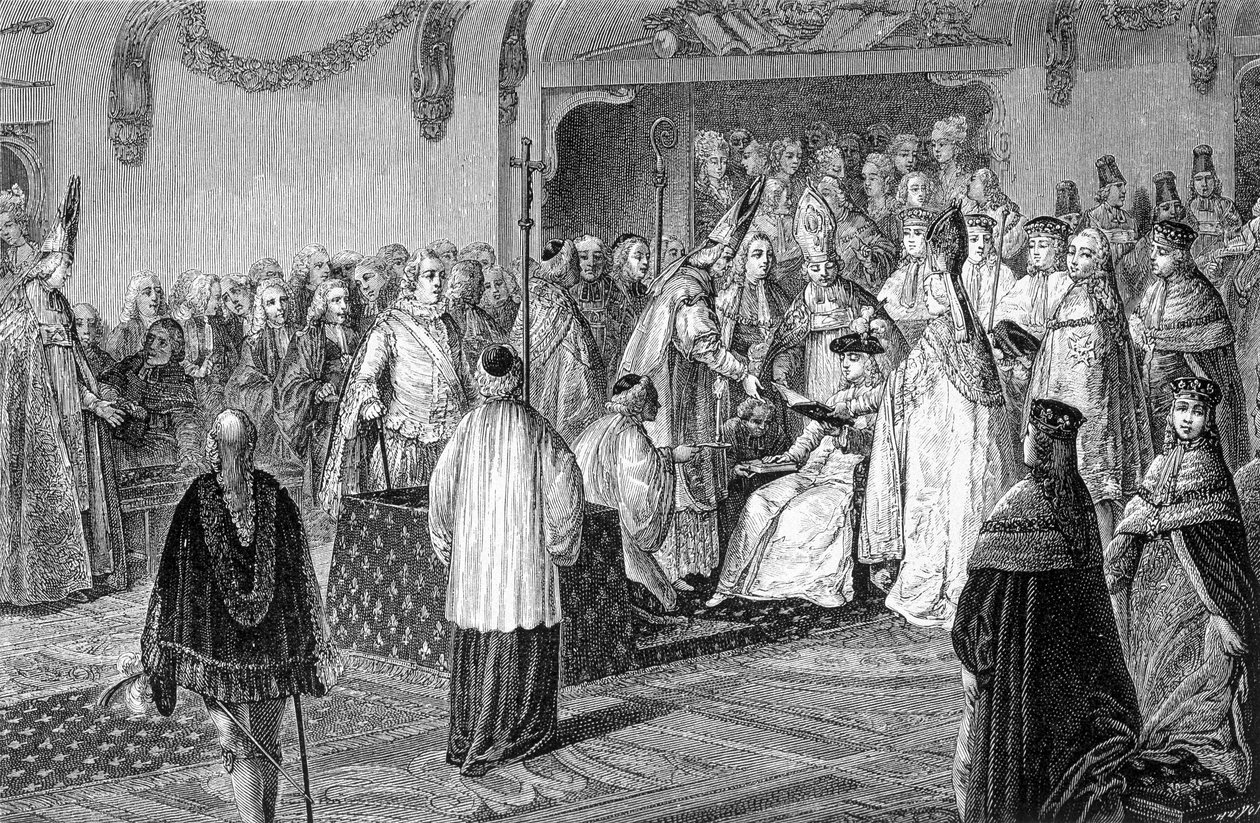 Přísaha Ludvíka XVI. během jeho posvátné rytiny. od French School