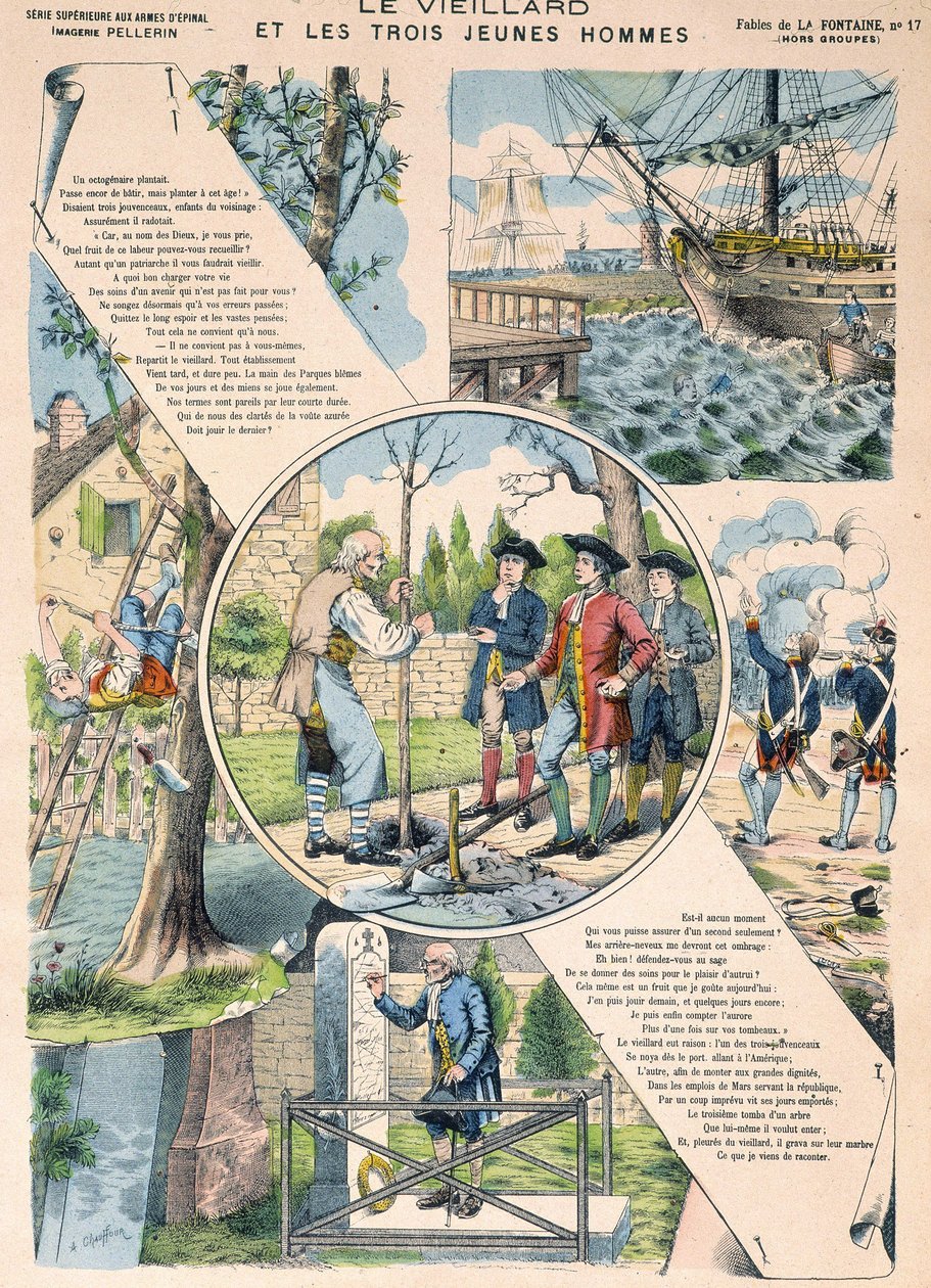 Starý muž a tři mladí muži - Fables de La Fontaine v obrazech Epinal od French School